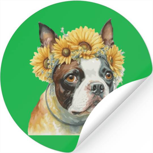 Cute Boston Terrier Sunflower Dog Breed Pet Puppy Stickers