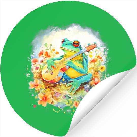 Cottagecore Frog Playing Banjo Guitar Amphibian Stickers