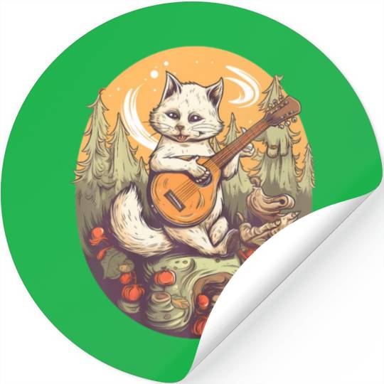 Cat Playing Banjo In The Forest in Cottagecore Stickers