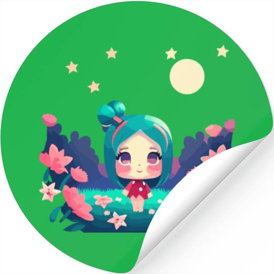 kawaii anime girl pink hair among pink flowers Stickers