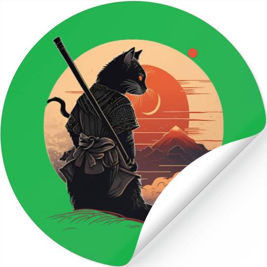 Vintage Japanese Sunset Style And Samurai Cat Kitt Stickers