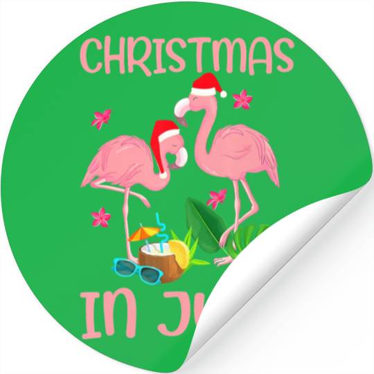 Christmas In July Pink Flamingo Wearing Santa Hat Stickers