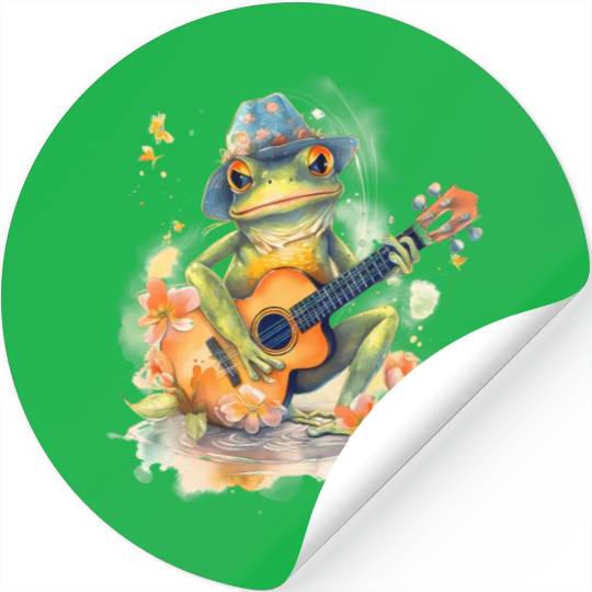 Cottagecore Aesthetic Frog Playing Banjo Guitar Stickers