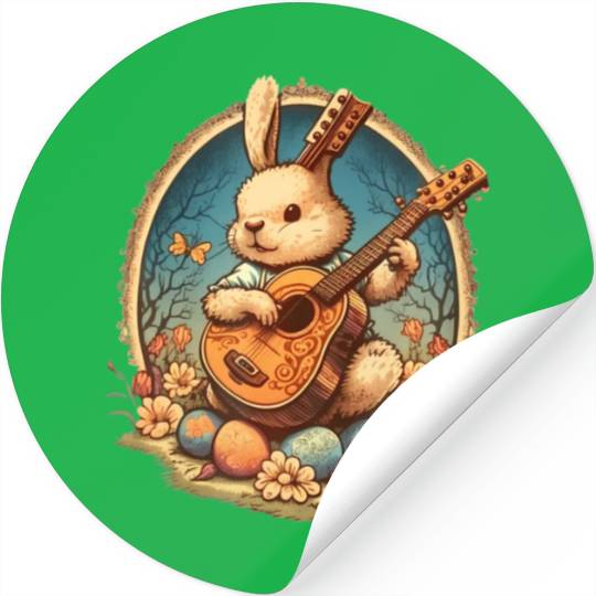 Cottagecore Aesthetic Bunny Playing Banjo Guitar Stickers