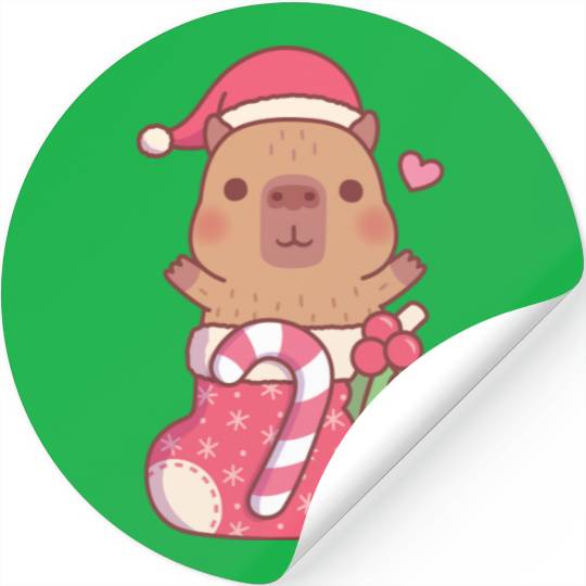Cute Capybara In Christmas Stocking With Candy Stickers