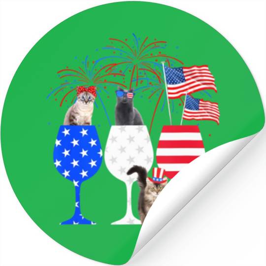 Cat 4Th Of July Red White Blue Wine Stickers