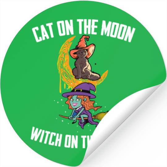 Cat On The Moon WItch On The Broom Witch Bells Stickers