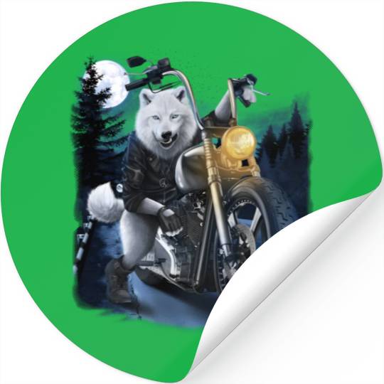 Wolf Riding Chopper Motorcycle In Full Moon Stickers