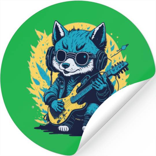 Rockin' Wolf Cub, Fun Cute Illustration Stickers Design