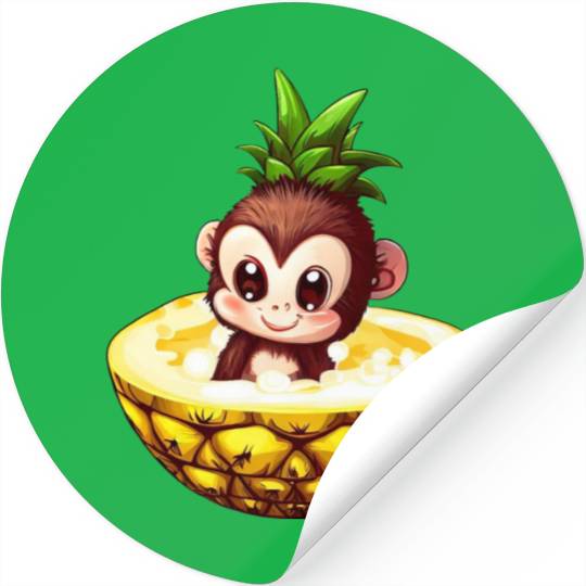 Monkey Chimpanzee with Pineapple, Funny Tropical Stickers
