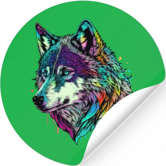 Vibrant Psychedelic Wolf Illustration Stickers