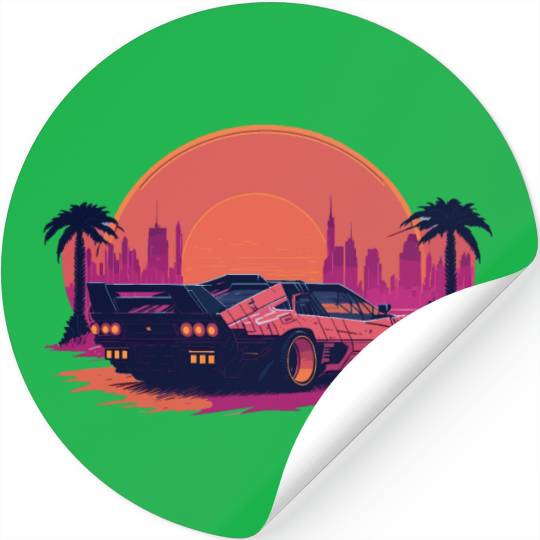 Cyberpunk car in sunset cityscape Stickers