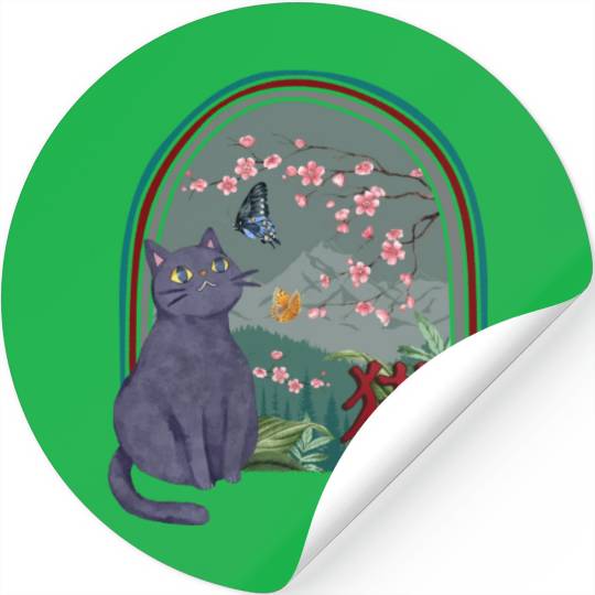 Cherry Blossom Stickers, Cherry Blossom Cat Vintage
