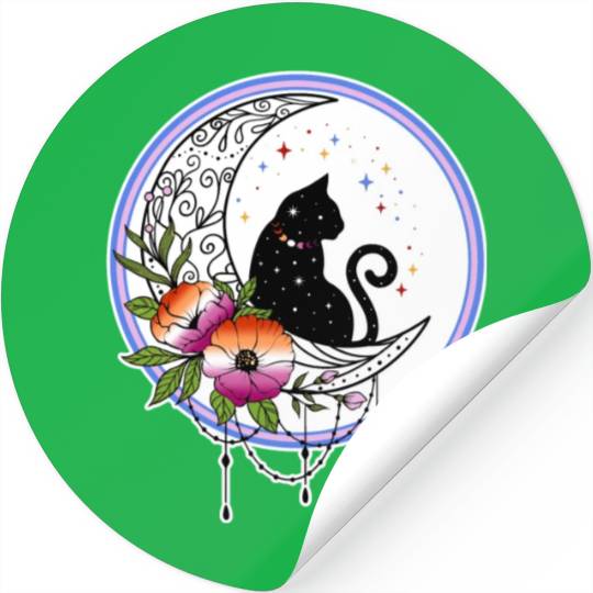 Galaxy Cat and Flowers in Lesbian Flag Colors Stickers