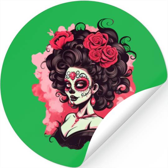 Dia de los muertos woman sugar skull with flowers Stickers