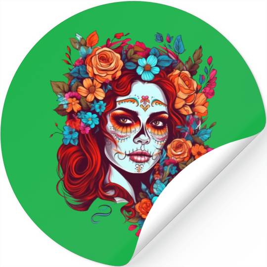 Dia de los muertos woman sugar skull with flowers Stickers