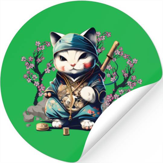 Samurai Cat Anime Kawaii Japanese Style Stickers