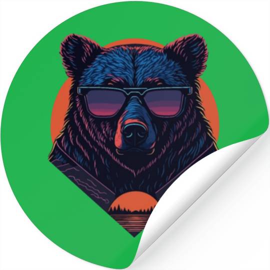 Synthwave Bear with sunset Stickers