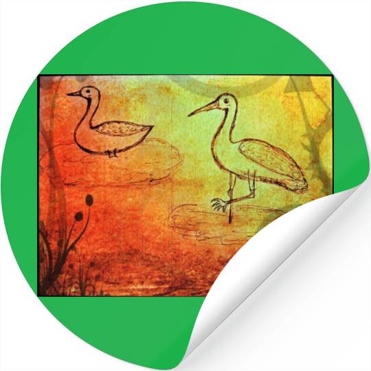 The duck and the crane on a rainy day Stickers