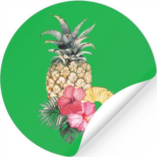 Pineapple With Pink Hibiscus And Tropical Leaves Stickers