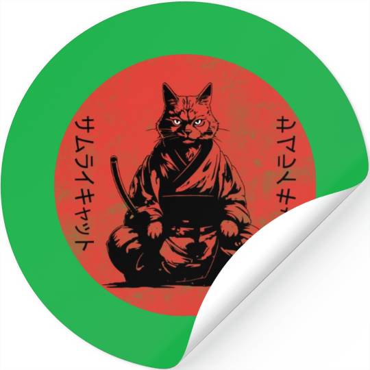 Wise Calm Vintage Retro Japanese Kitty Samurai Cat Stickers