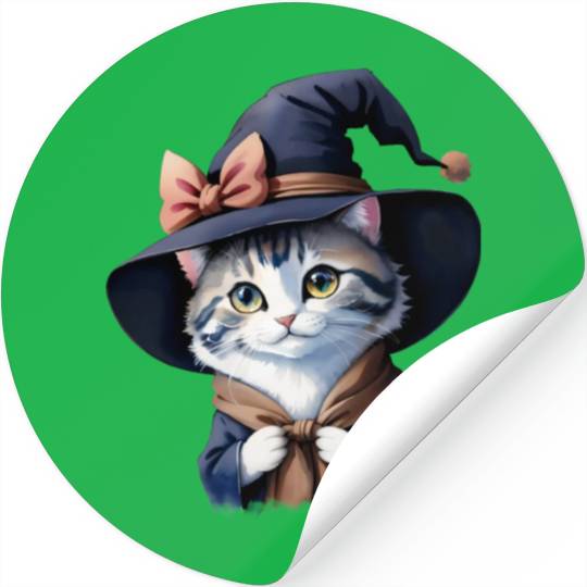 Cute Watercolor Witch Cat Stickers