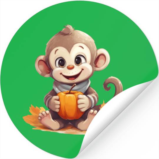 Autumnal Monkey with Pumpkin and Apple Stickers
