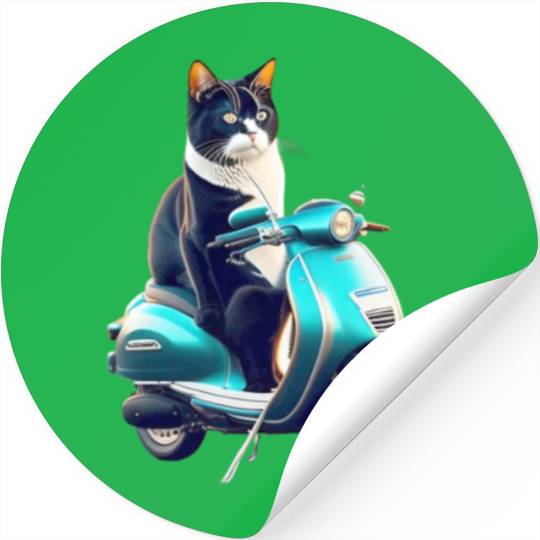 3D cute funny black cat rides a blue motorcycle Stickers