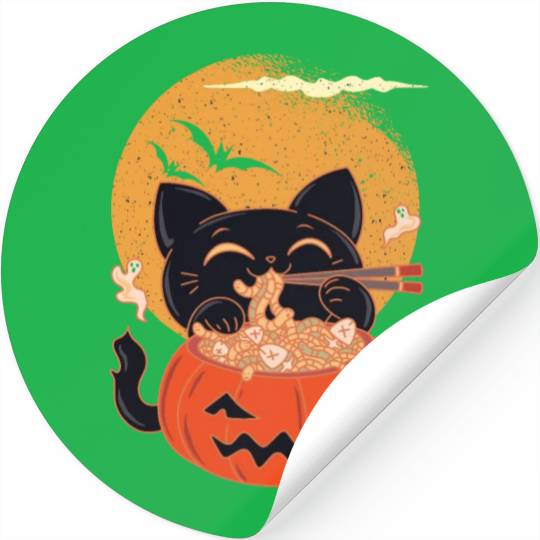 Kawaii Creepy Cat Eating Ramen Noodles Halloween Stickers