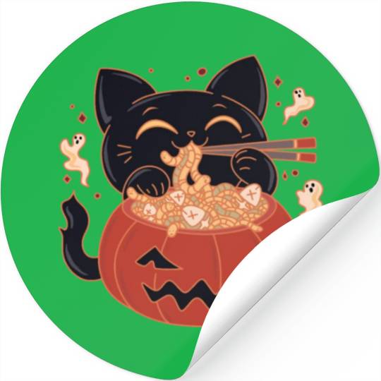 Kawaii Creepy black Cat Eating Ramen Noodles Stickers