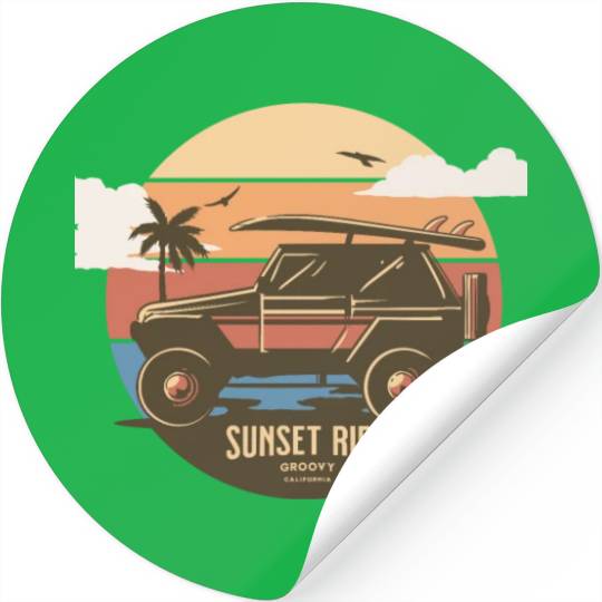 Sunset Ride - Beach Jeep - Groovy California T-Shi Stickers