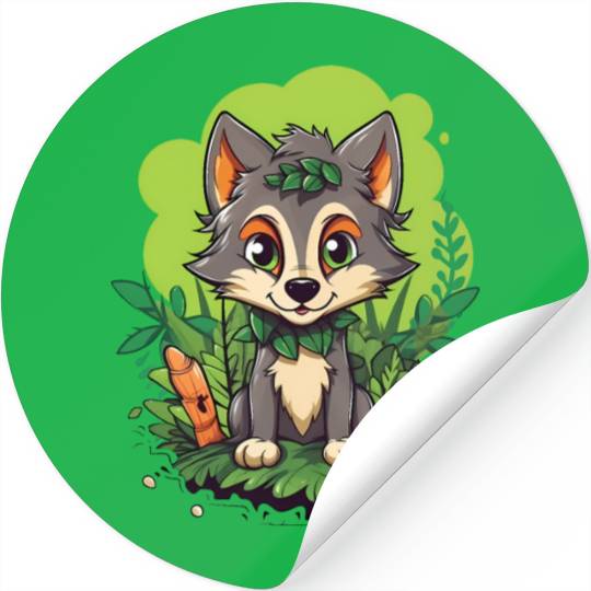 Digital Art Wolf Puppy Wearing Blue Wig Sitting Stickers