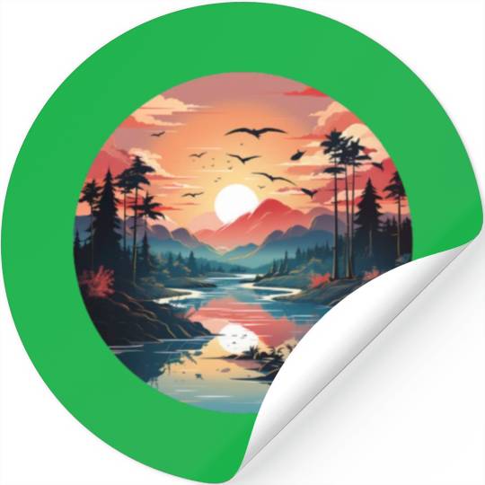 Sunrise Dawn Serene Lakeside Symphony Stickers