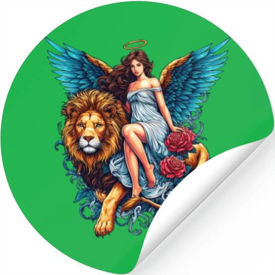 Pretty angel on lion with flowers Stickers
