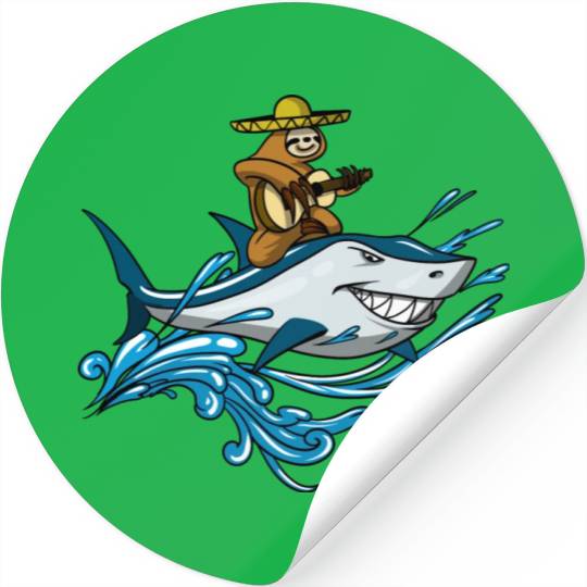 Lazy Sloth With Guitar Riding Shark Stickers