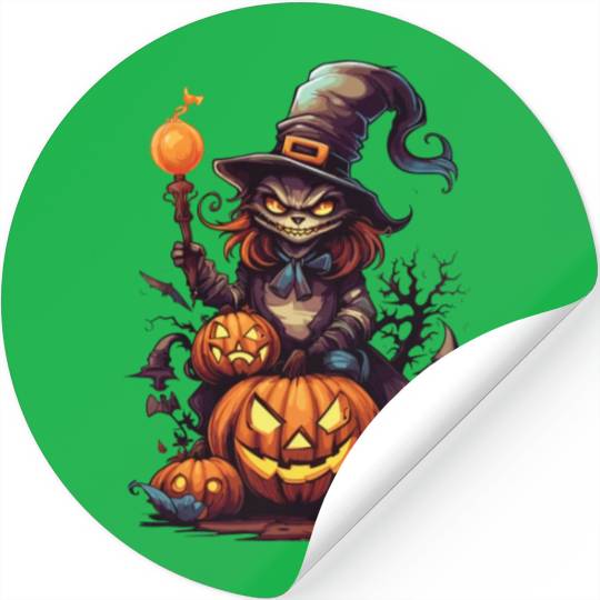 Enchanted Harvest: Witch's Delight amidst Pumpkins Stickers