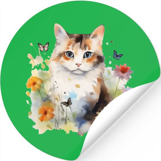 Watercolor Cat Flowers & Butterflies Stickers