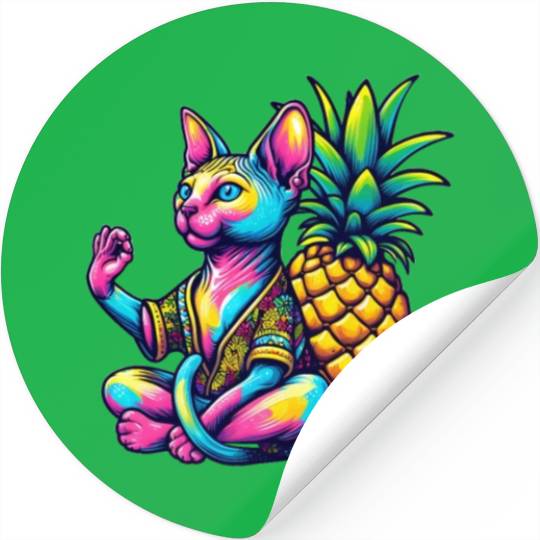 Meditating Sphynx cat with pineapple Stickers