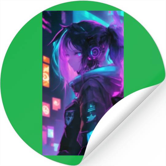 "Neon Dreams" - Anime Girl in Futuristic Cyberpunk Stickers