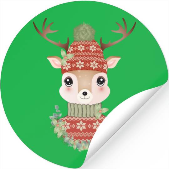 cute deer with sweater and Christmas wreath Stickers