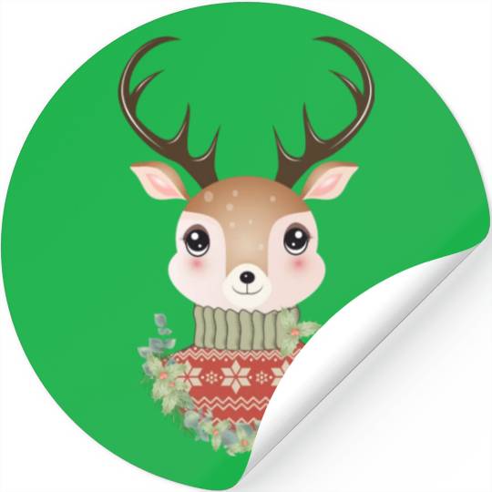 cute deer with sweater and Christmas wreath Stickers