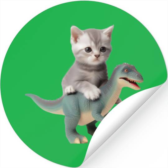 Cute kitten rides on T-rex Stickers
