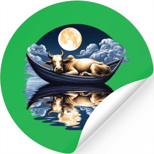 Sleeping cow in boat under the moon Stickers