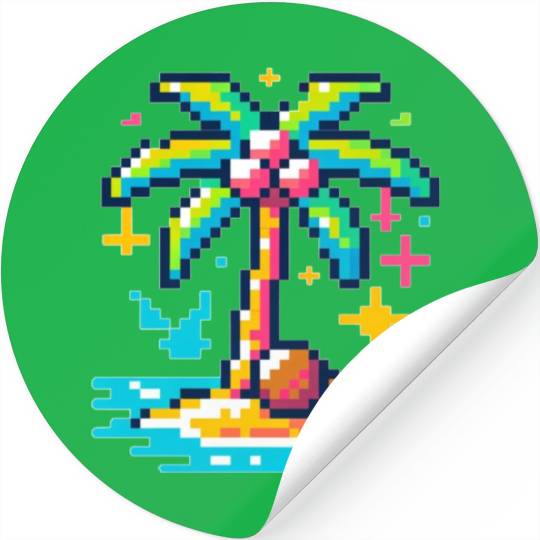 Digital Beach Getaway: Pixel Palm Paradise Stickers