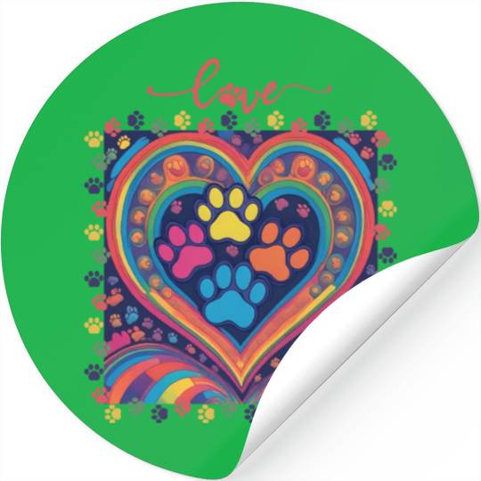 Rainbow Heart Love paw prints Stickers