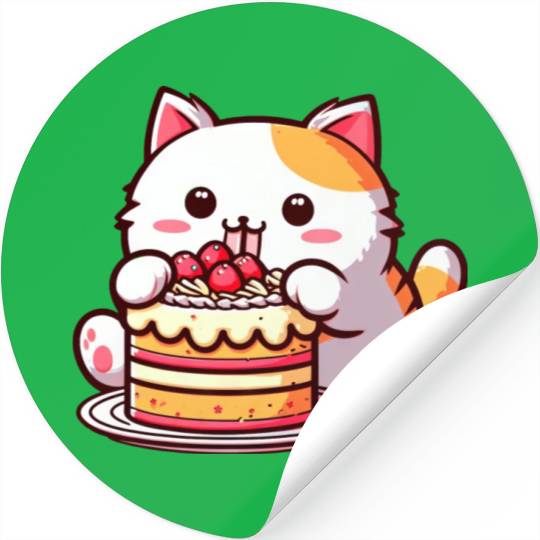 Cherry Cake Delight: Sweet Comic Cat Indulges Stickers