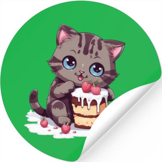 Cherry Cake Delight: Sweet Comic Cat Indulges Stickers