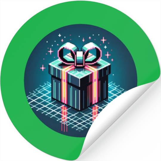 Cyberpunk Pixel Art Gift Box - Neon Ribbons Stickers