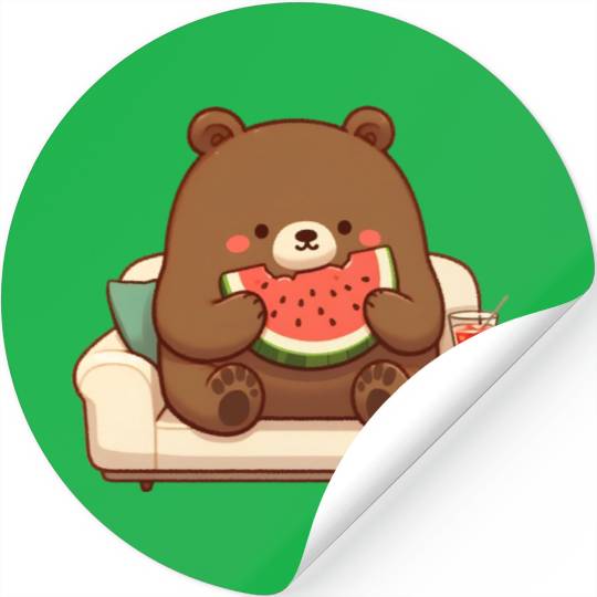 Cosy bear enjoying watermelon Stickers