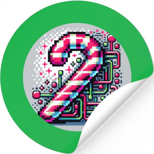 Neon Cyberpunk Candy Cane 8-Bit Pixel Christmas Stickers